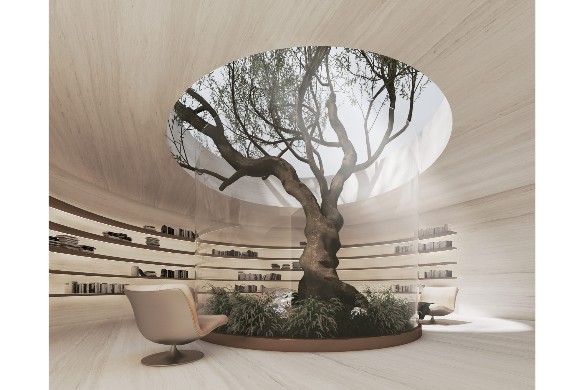 Ergonomische stoelen en een ronde naslagbibliotheek